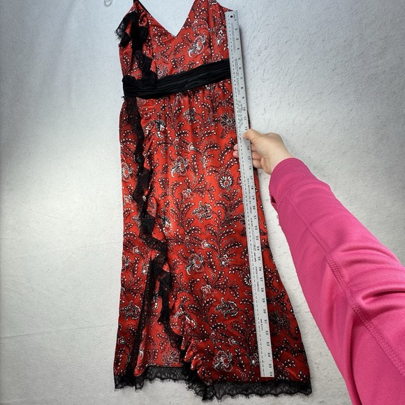 Cinq A Sept Womens Silk Floral Lace Trim Midi Dress Red Black Size XS 0 Elegant - Picture 6 of 14